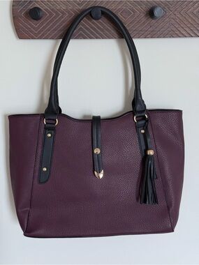 Purple Plum Black Pebbled Leather Tassel Tote Purse